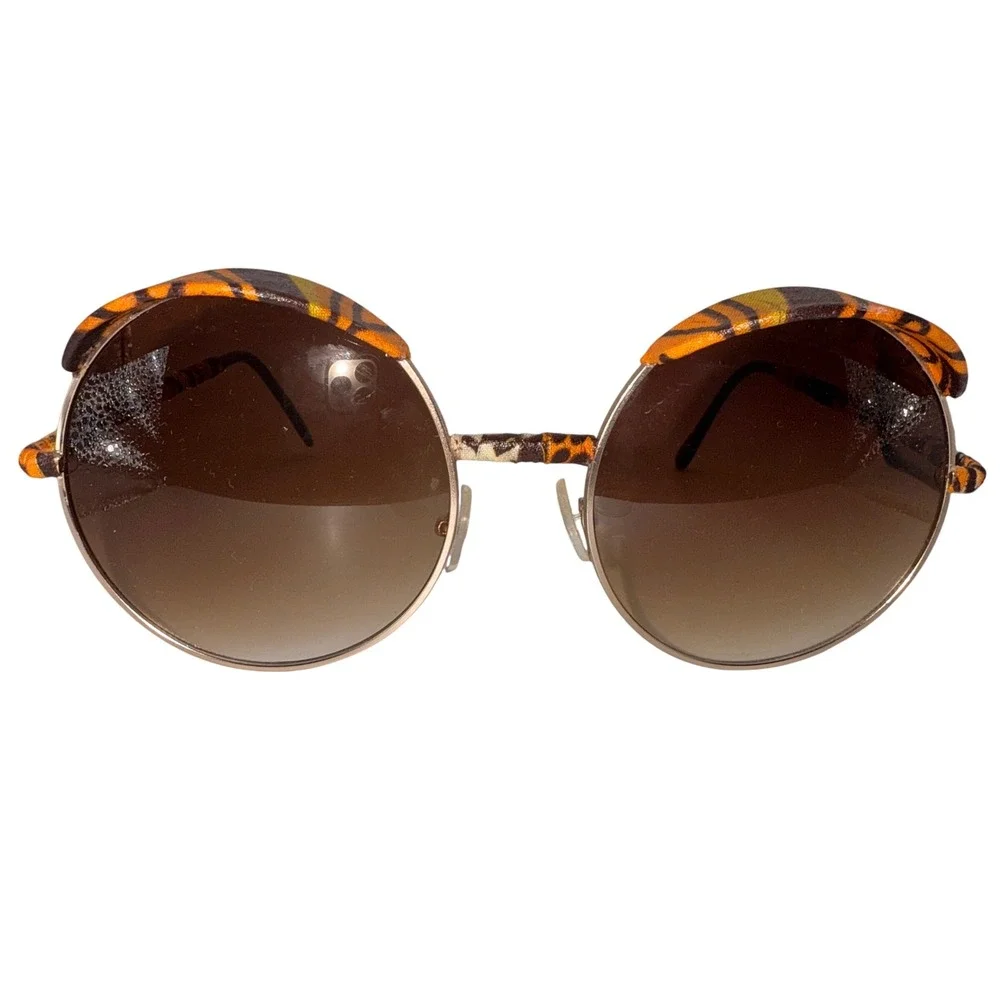 Womens Round Teashades‎ Sunglasses Gold Frame Orange Brown Fabric Accents Unique
